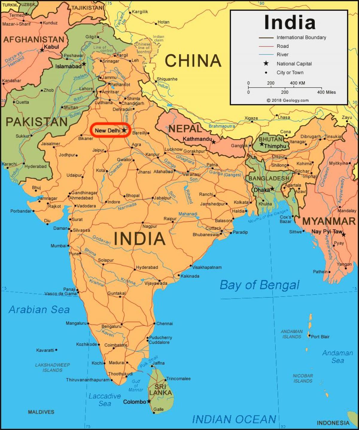 New Delhi op de kaart van India
